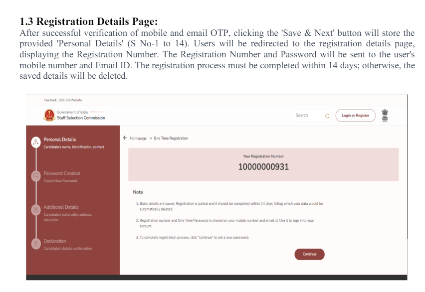 Registration Details Page of SSC OTR 2024
